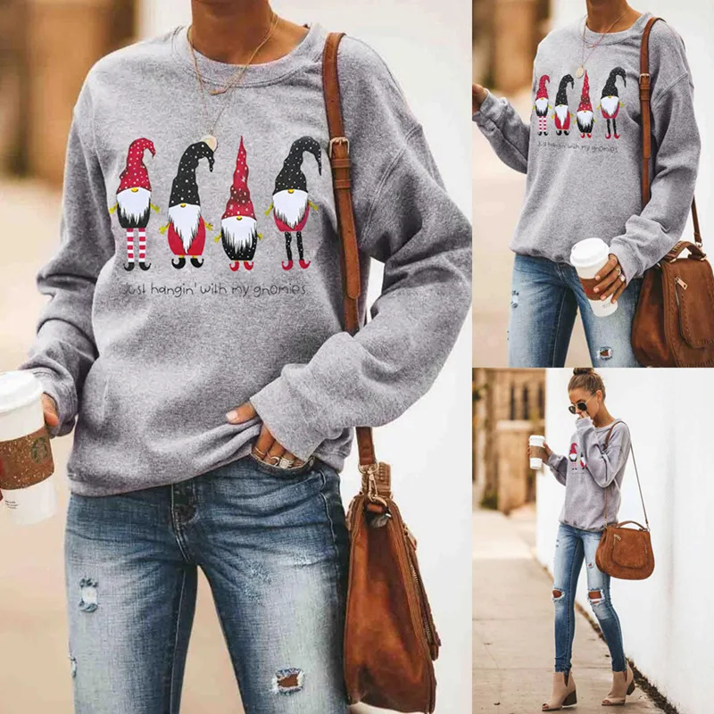 Women's Christmas Hedging Loose Casual Tops, Gray Santa Print, Long Sleeve, Female Autumn Tops, New W902