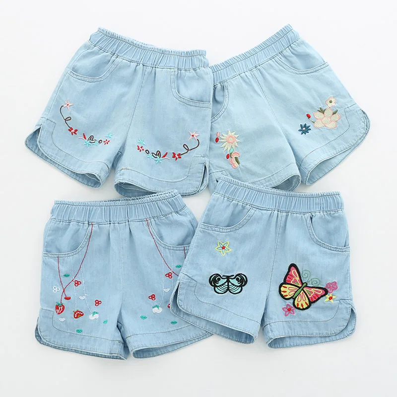 2024 Hot Summer Casual 2 3 4 6 8 10 12 anni bambini ricamo fiore cotone tasca Denim pantaloncini blu per bambine piccole