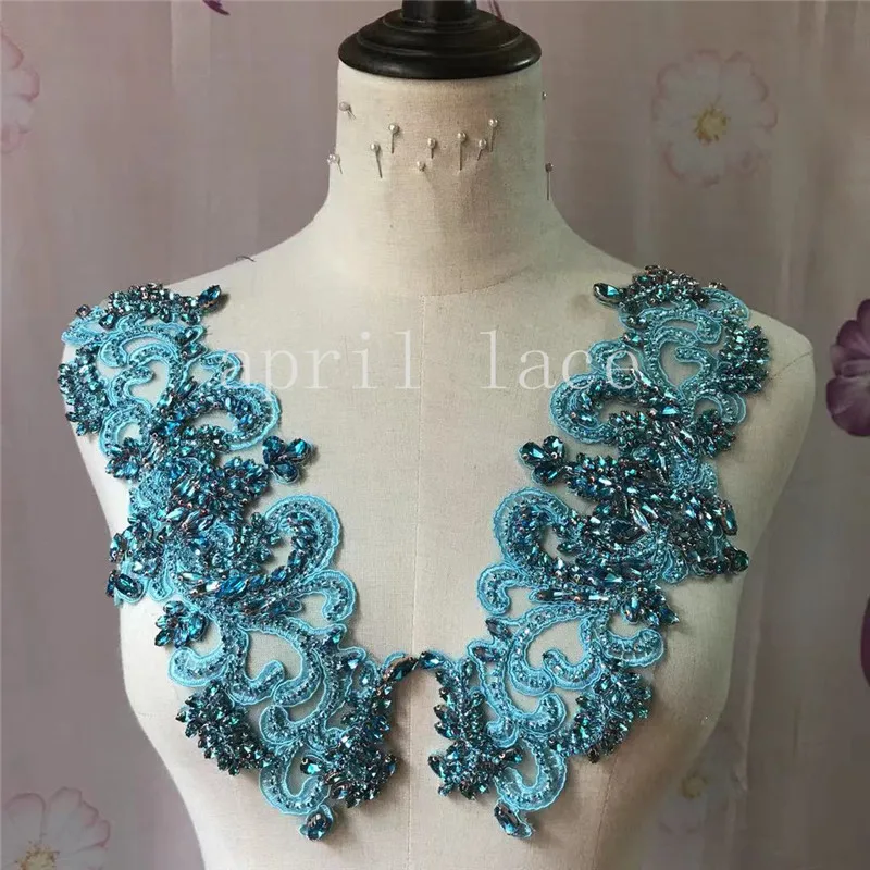 Lady elegant Princess Mia089# Blue Color Hand Made Stone Beads Tulle Accessory For Saw Wedding Bridal Dress/ Fashion Designer