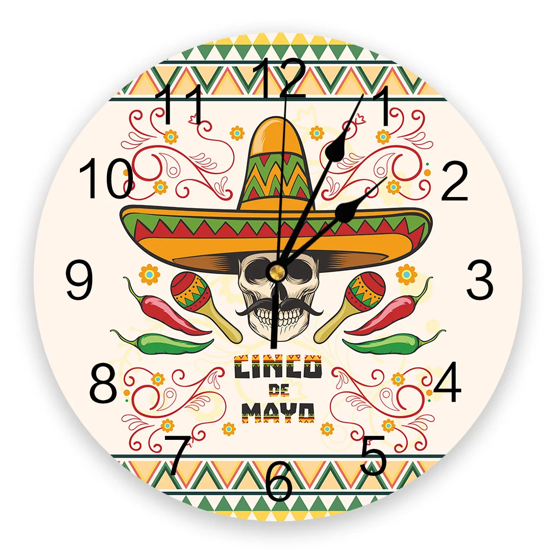 Mexican Skull Hat Party Green Print Wall Clock Wall Art Silent Non ticking Round Wall Watch for Home Decortaion Best Gift