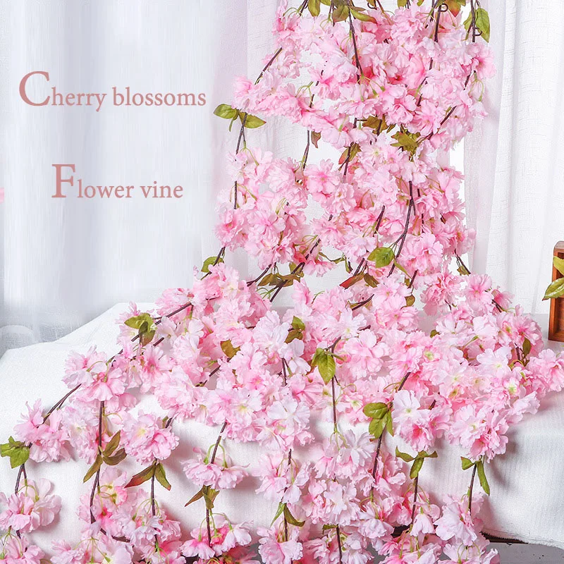 1.8 M Cherry Blossom Artificial Flower Vine For Home Garden Flower Wall Decoration Wedding Party Fake Flower Photography Props