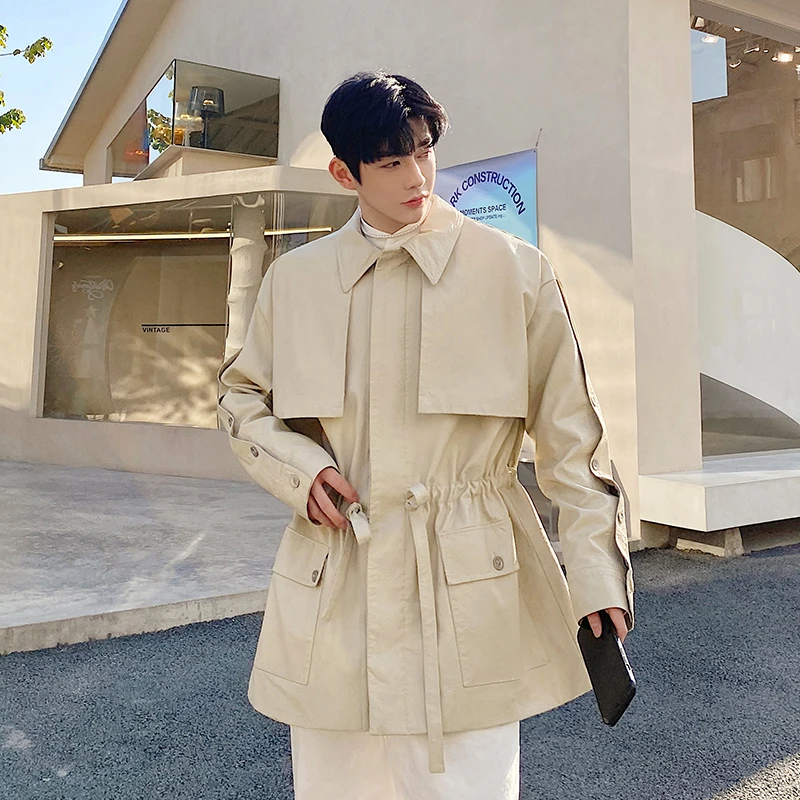 Detachable Sleeve Drawstring Korean Style Vintage Washed Leather Trench Coat Cloak Windbreaker Man Long Jacket Outerwear