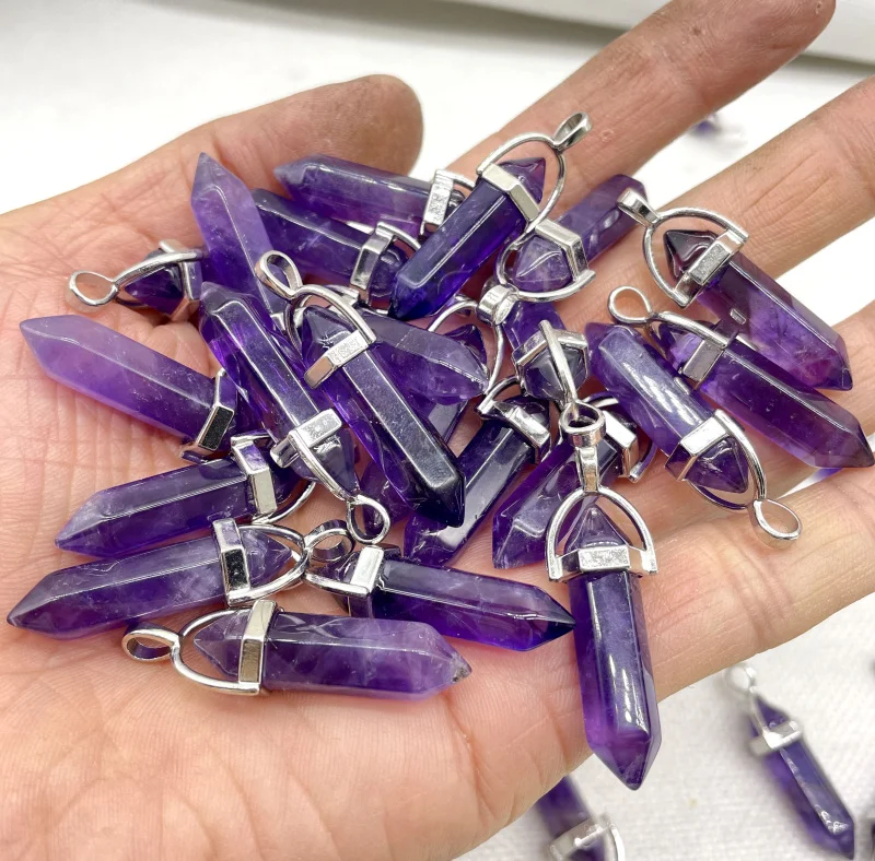 Natural Gem Stone Quartz Crystal amethyst Turquoise Hexagonal Pendulum Reiki Charm Pendants DIY Jewelry Making Necklaces 24Pcs