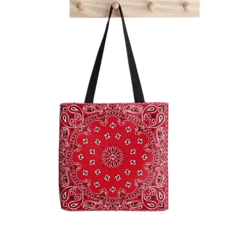 Bandana Shopper con estampado de flores para mujer, bolso de mano Harajuku, bolso de hombro para niña, bolso de compras de lona para mujer 2021