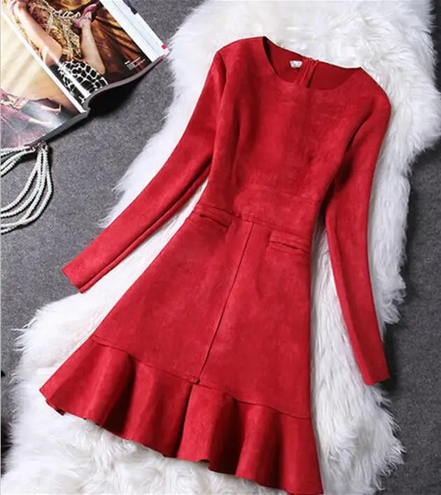 New Winter Fashion Slim Women Suede Dress Long Sleeve Elegant Casual christmas dress party dresses vestidos