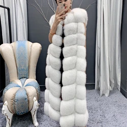 Gilet long en fourrure de renard véritable pour femmes, luxe, grande taille, peluche, sans manches, veste d'hiver femme, gilets en fourrure de renard bleu naturel, 110cm