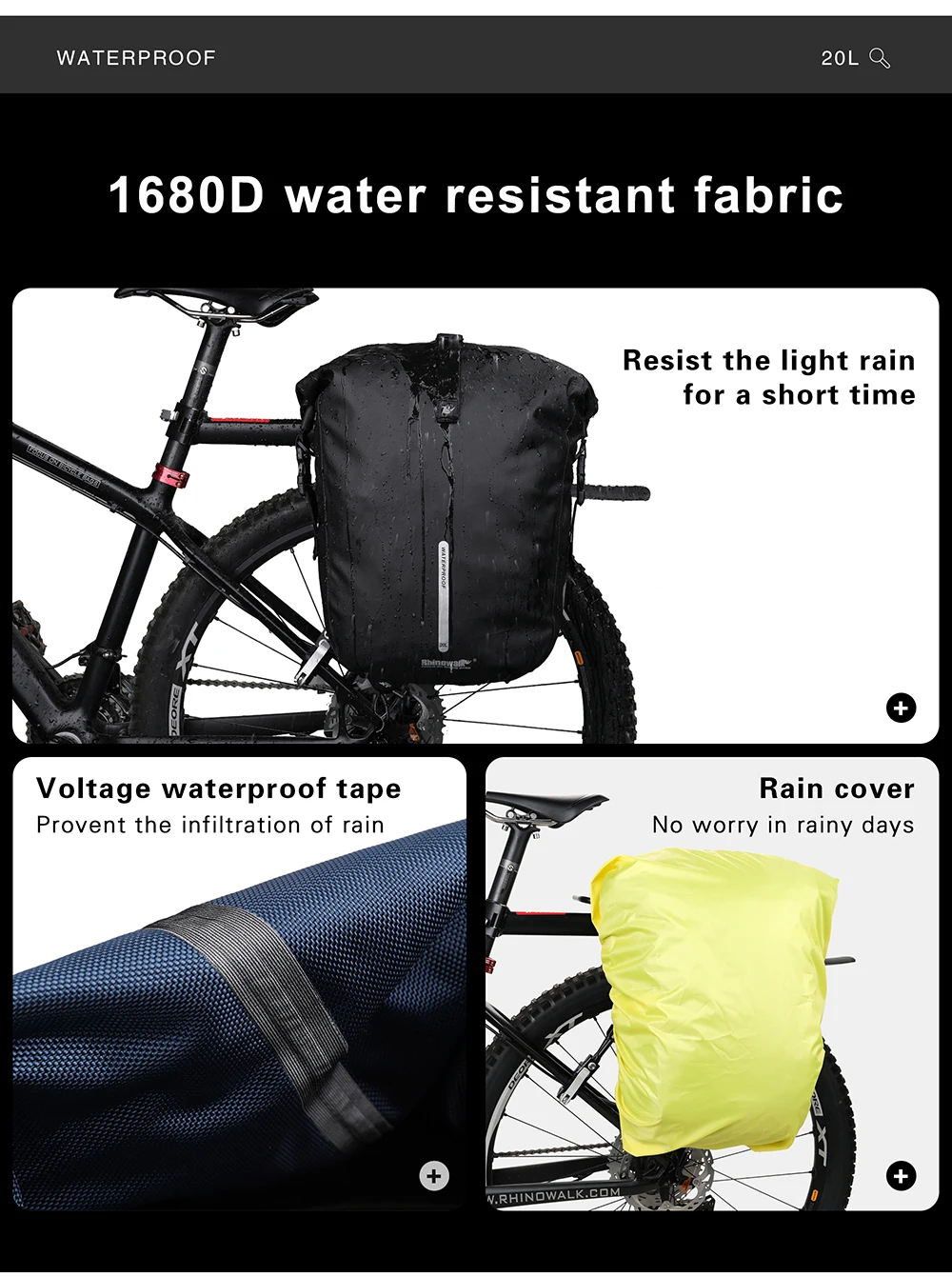 Rhinowalk Waterproof Bike Pannier Backpack 20L Trunk Bag Travel Cycling Bag Basket MTB Road Bicycle Rear Rack Tail Bag Accessory
