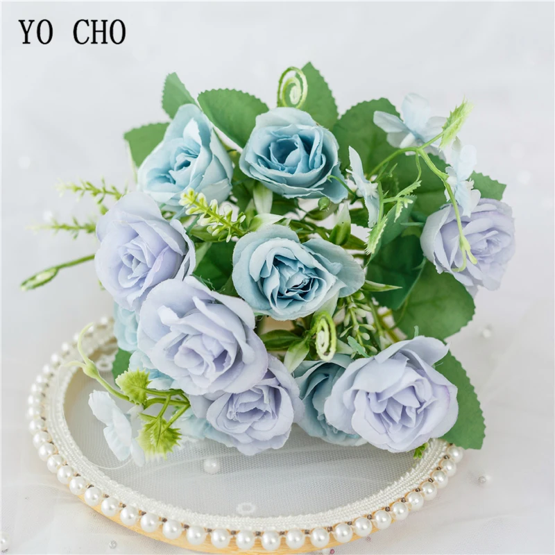 YO CHO Artificial Silk Flower Fake Rose DIY Bridesmaid Flower Mini Bouquet Champagne  Home Party Decor  Wedding Planner Supplies