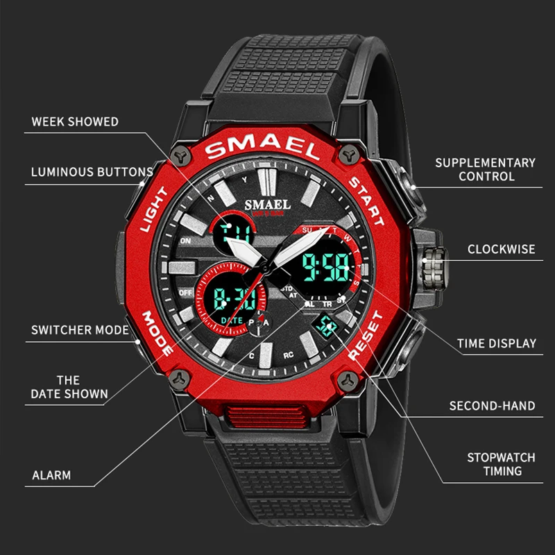 Quartz Watches Sports SMAEL Brand Male Clock Alarm 50M Waterproof Stopwatch LED Back Light Wristwatches 8047 Men Watch Sport