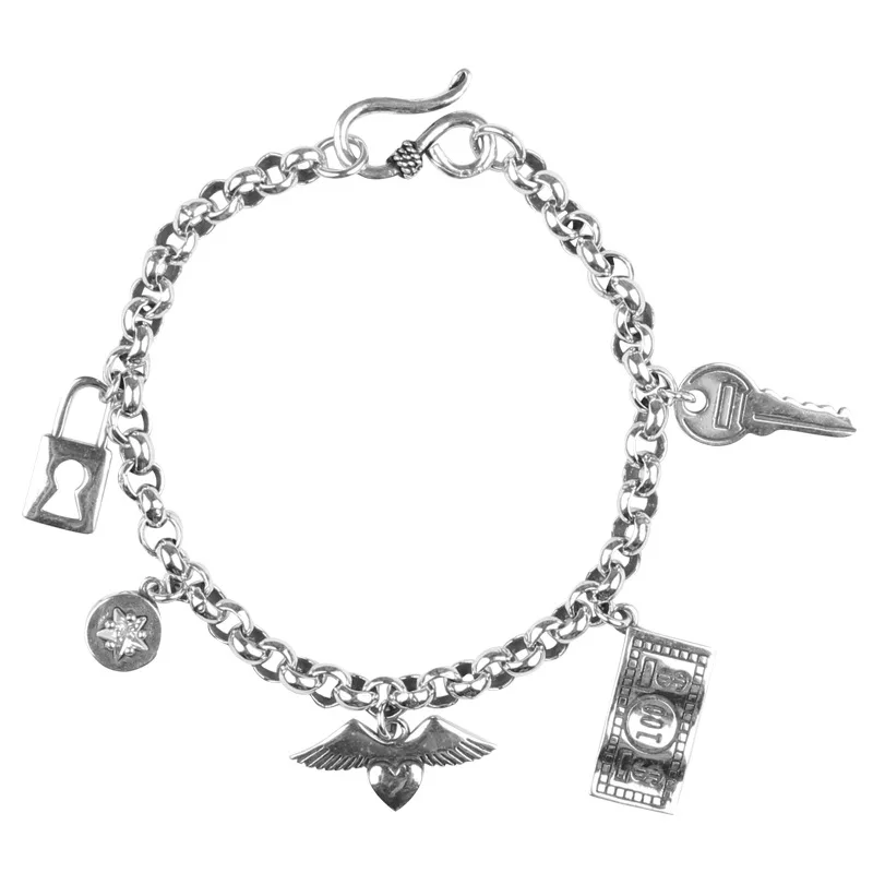 LIVVY Silver Color Lock Key Dollar Angel\'s Wings  Love Heart Bracelet Women Fashion Temperament Personality Retro Romantic Gift