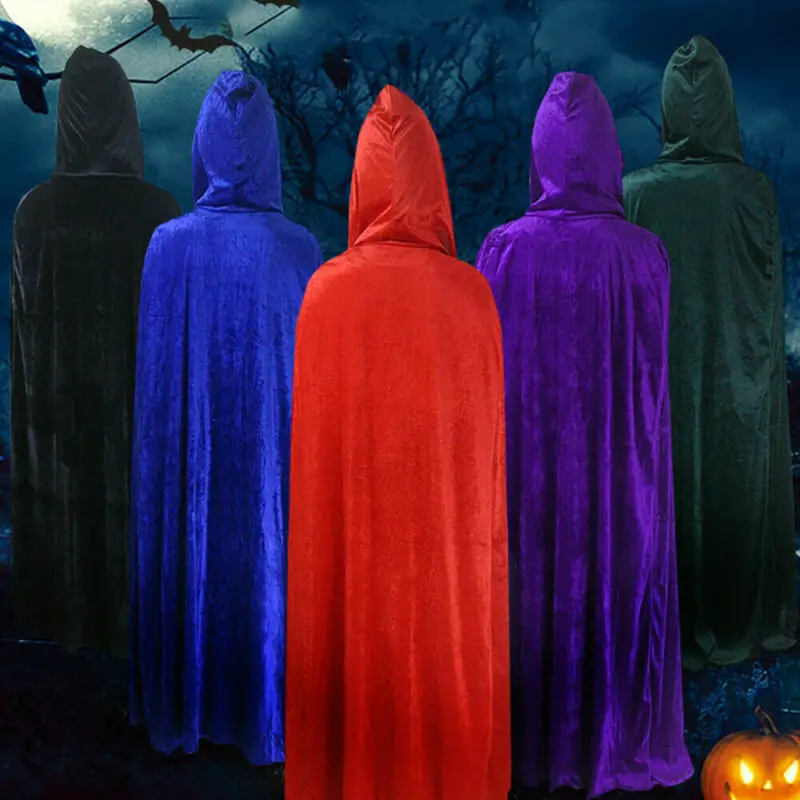 Dewasa Halloween Beludru Jubah Cape Bertudung Abad Pertengahan Kostum Penyihir Wicca Vampir Pria Wanita Kostum Menakutkan