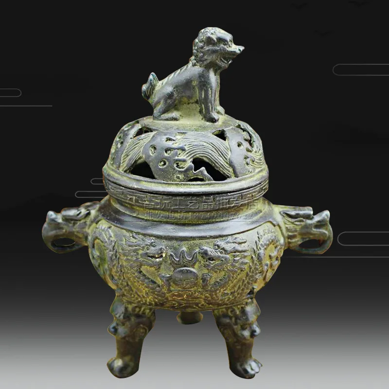 Antique collection bronze bronze lion tripod censer Ding retro old bronze crafts ornaments antique censer home decorations