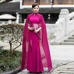 Large Size 3XL-5XL Lady Satin Cheongsam Sexy Shawl Long Qipao Evening Party Dress Traditional Chinese Mandarin Collar Vestidos