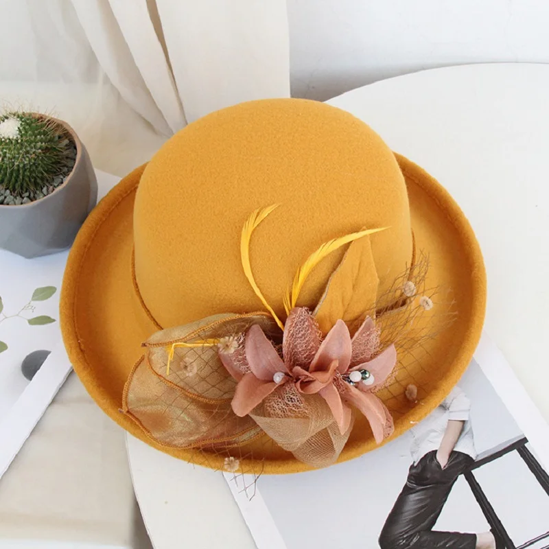 2021 frauen Warme Wolle Filz Blumen Hut Damen Breiter Krempe Hut Herbst Winter Edle Elegante Mädchen Mode Party Kappe Dekoration – Detail 8