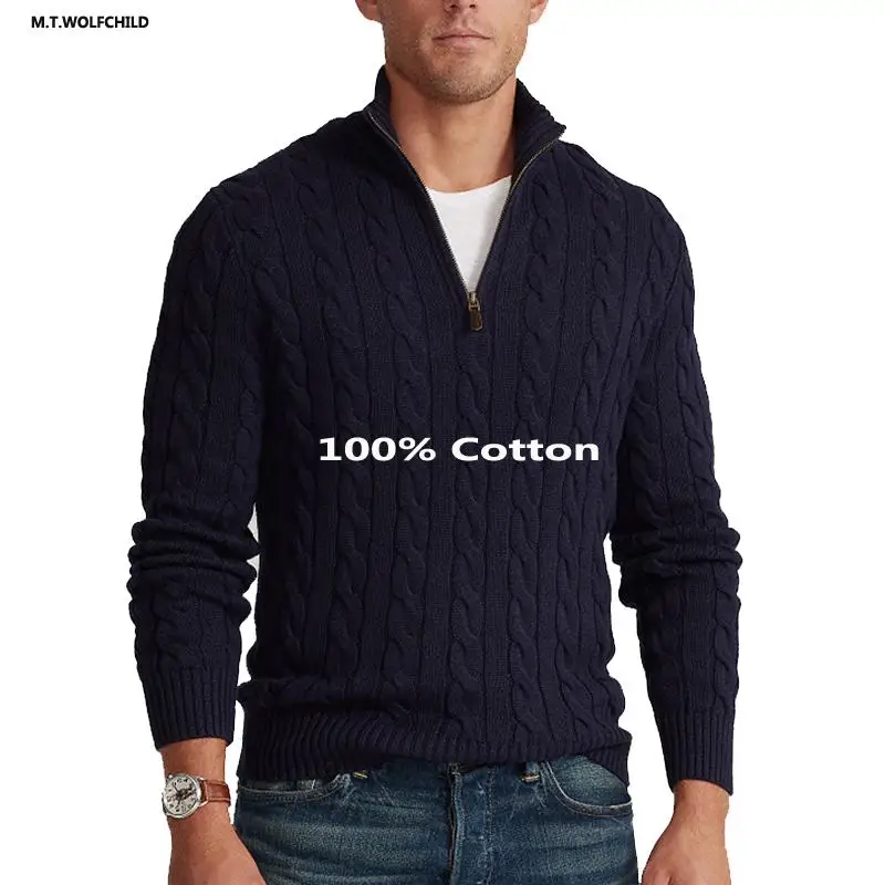 

100% Cotton High Quality Stand-Collar Men's Sweaters Solid Color Casual Winter Thick Knitted Mens Coats Fashion Clothing Tops