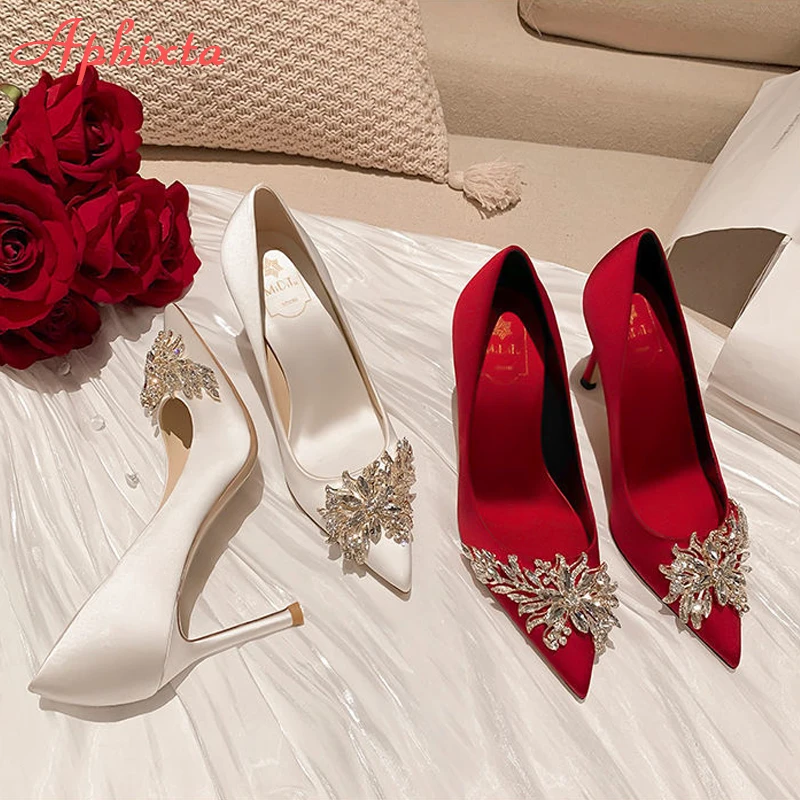 Aphixta Silk Pointed Toe Thin Heel Shoes Women 10cm Heels Diamonds Crystals Flowers Wedding Party Shoes Woman Big Size 42