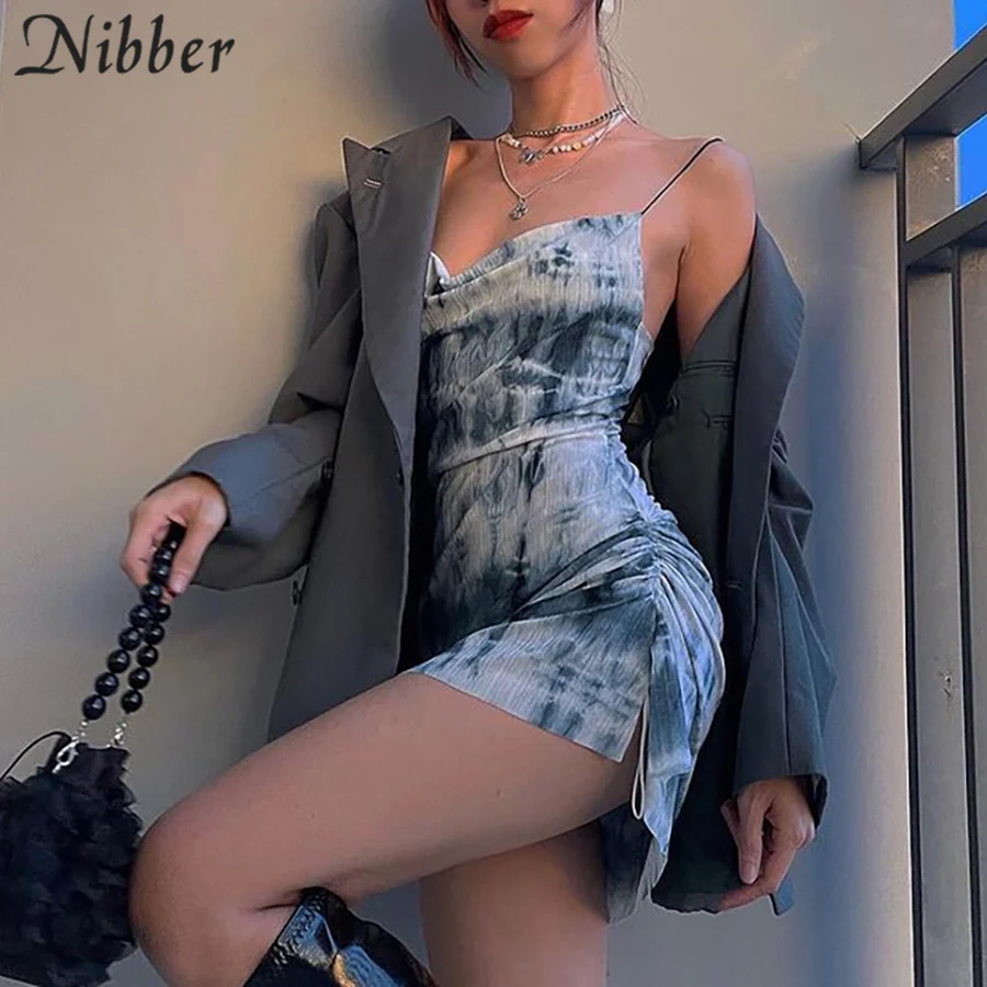 Nibber Summer Suspender Dress Sleeveless Low-cut Waist Design Tie-dye Print Fold Decoration For Women Go Out On Holiday 2021