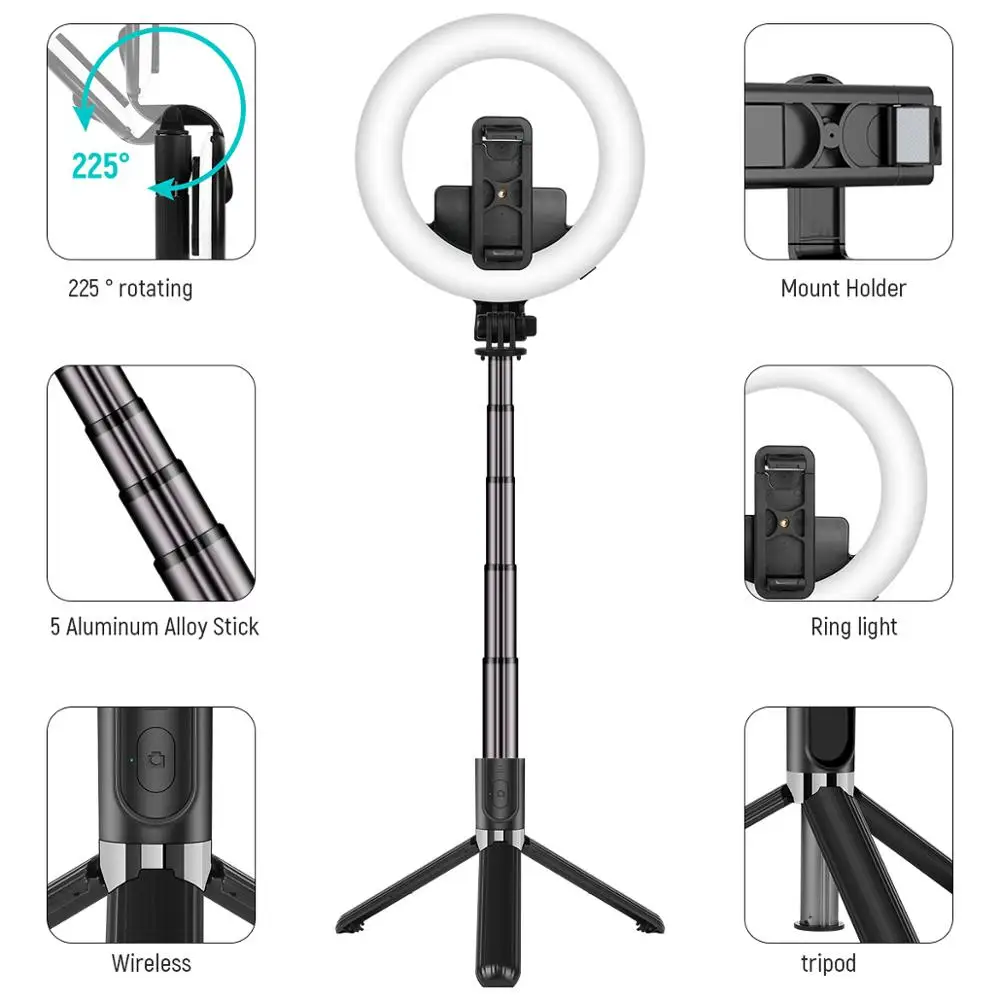 4 in 1 Wireless Bluetooth Selfie Stick Ring Light With Remote Control  Foldable Phone stand tripod For Makeup Live Volg