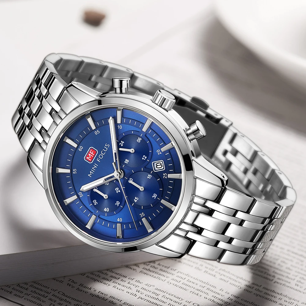 MINI FOCUS Luxury Silver Blue Quartz Watches Men 2020 Top Brand Chronograph Wristwatch Waterproof Luminous Business Watch Man