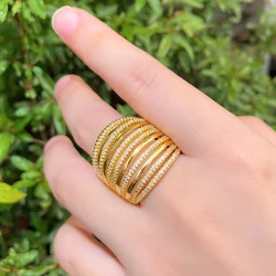 CWWZircons Adjustable Multi Layer Round Cubic Zirconia Wide Big Engagement Wedding Party Rings for Women Gold Color Jewelry R197