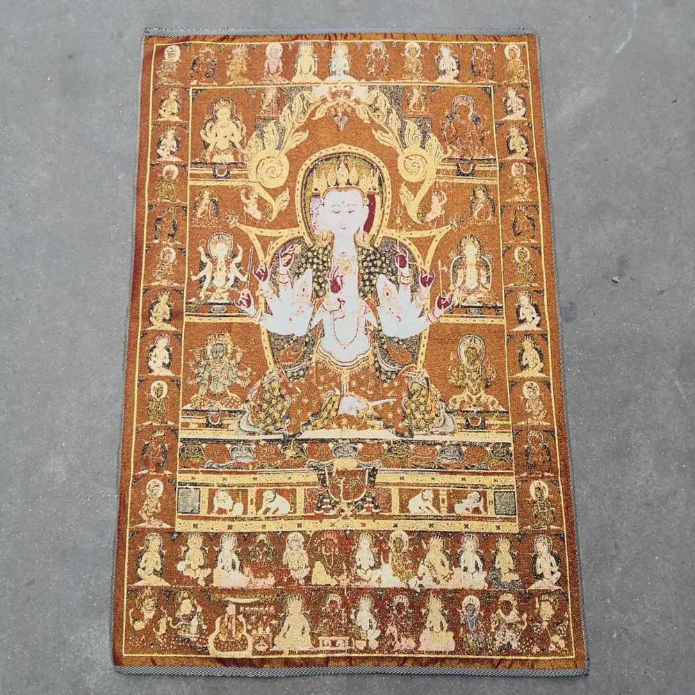 

35"Thangka Embroidery Tibetan Buddhism silk Embroidery brocade Nepal Namgyalma Three-headed six-armed Bodhisattva Thangka