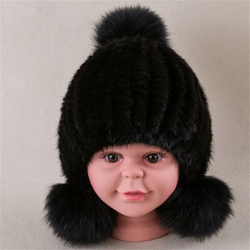 New Arrival Winter Hat for Baby Girl Boy Child Caps of Real Mink Fur Cap with Big Pompom Ball Fashion Warm Knitting Headwear H30