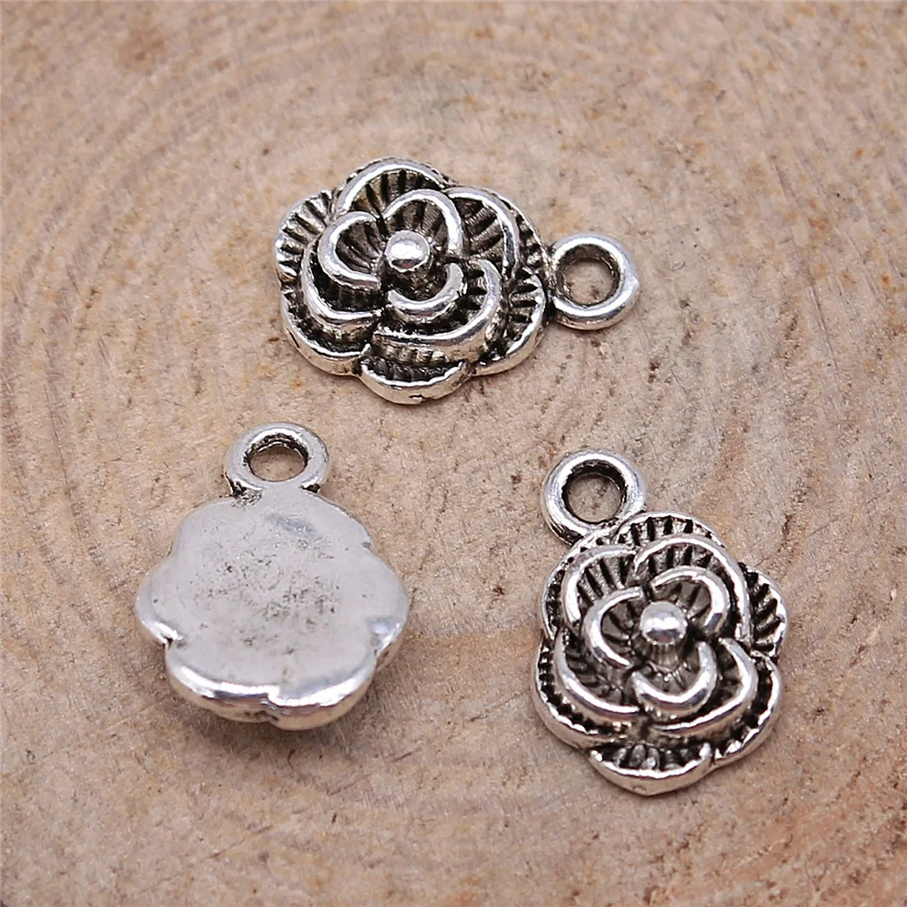 

free shipping 54pcs 10mm antique silver Flowers charms diy retro jewelry fit Earring keychain hair card pendant accessories