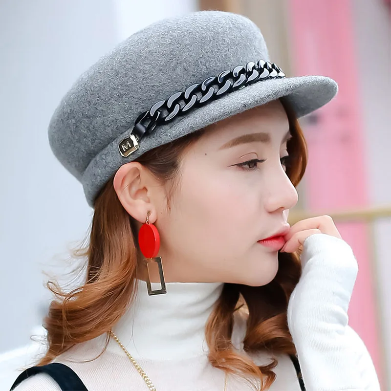 100% Wool Gray Black Winter Hat Warm Wool HatWomen Fashion Chain Newsboy Caps Hat Female