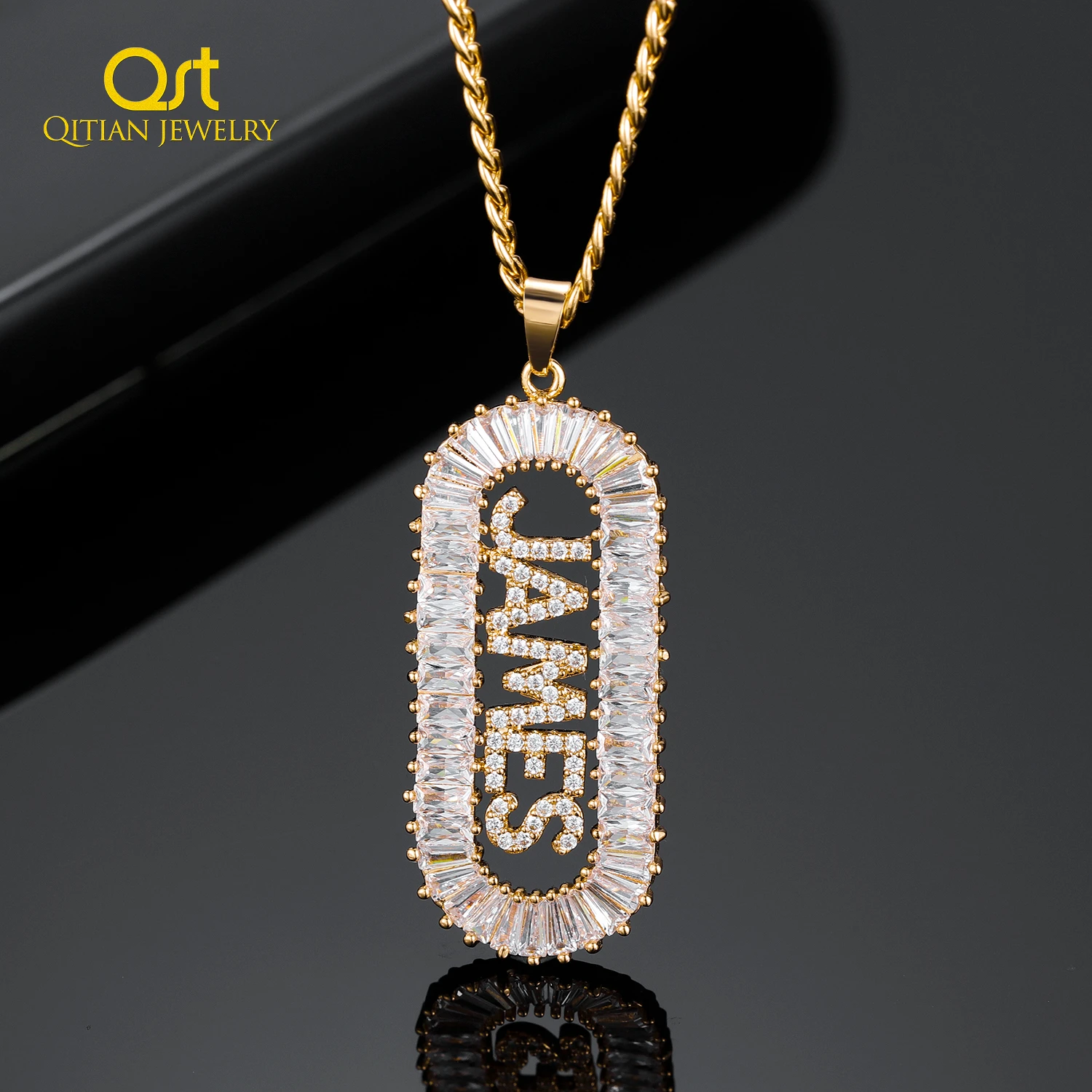 

Hip Hop Custom Name Letters Necklace Zircon Bling Baguette Letters Pendant Iced Out Name Chain Necklaces For Men Women Jewelry