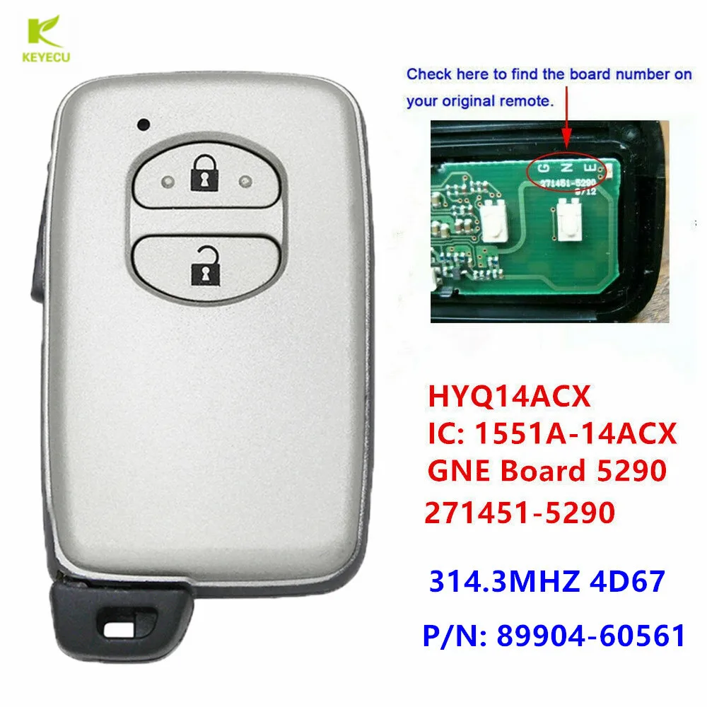 KEYECU Replacement Keyless Smart Key 314.3MHz GNE Board 271451-5290 For 2010-2017 Toyota Prado GRJ150 KDJ150 GX VX 200