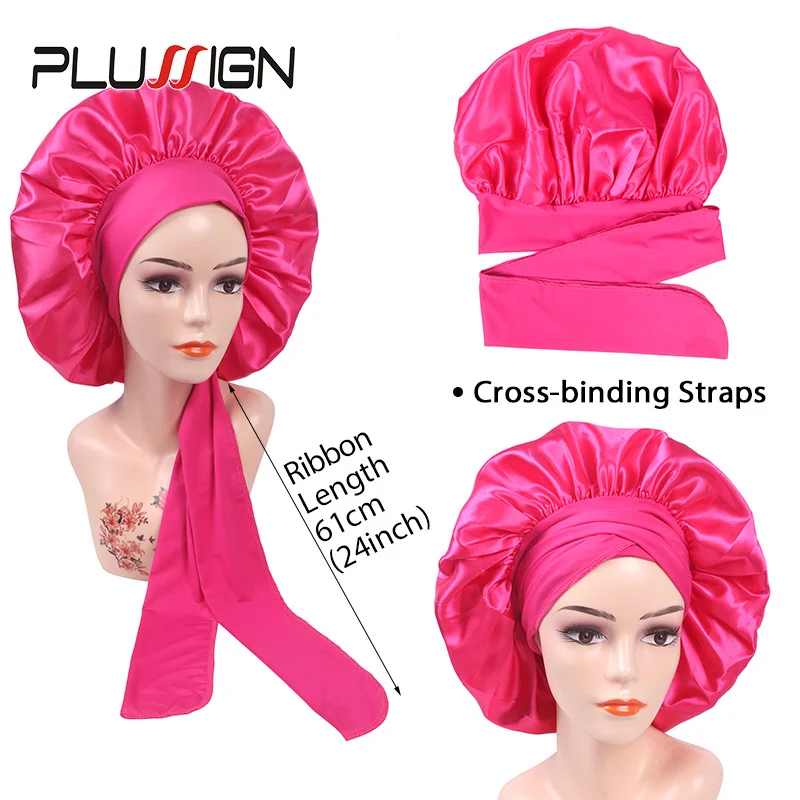 Plussign New Women Satin Bonnet With Tie Line Black Pink Night Sleep Cap Hair Care Bonnet Shower Turban Unisex Cap Bonnets