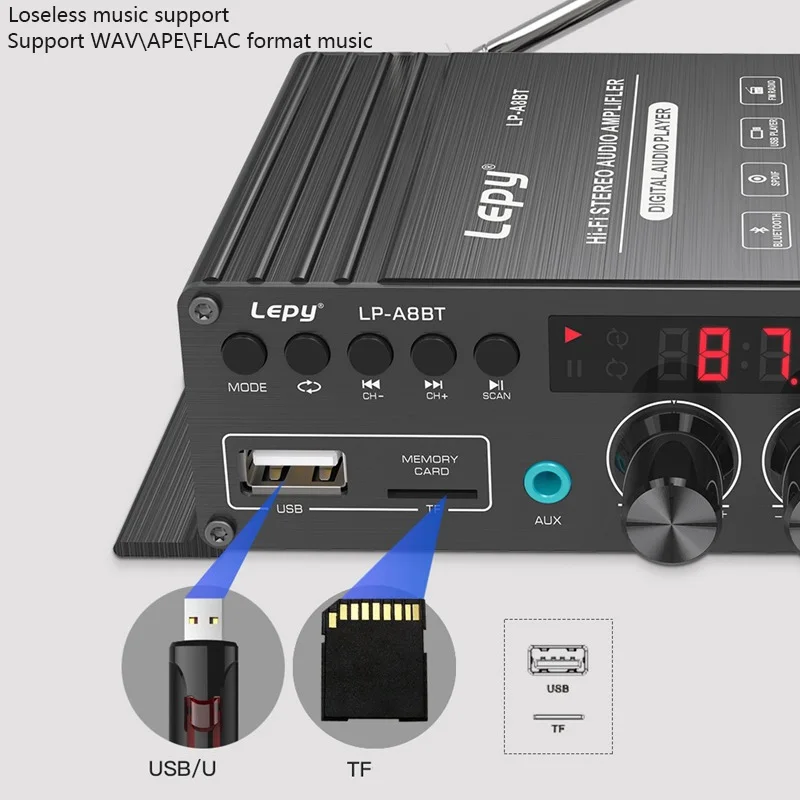 LEPY-Amplificador de potencia de decodificación Coaxial LP-A8BT, reproductor de música sin pérdidas, FM, USB, SD, 2x30W, Bluetooth 5,0