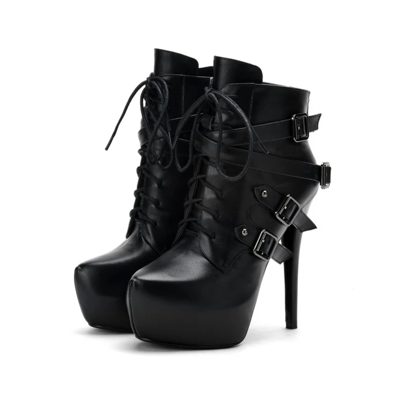 2024 Stilettos Platform Ankle Short Boots Women Ladies Sexy Military Party Evening Supper High Heels Lace up Buckle Shoes Winter