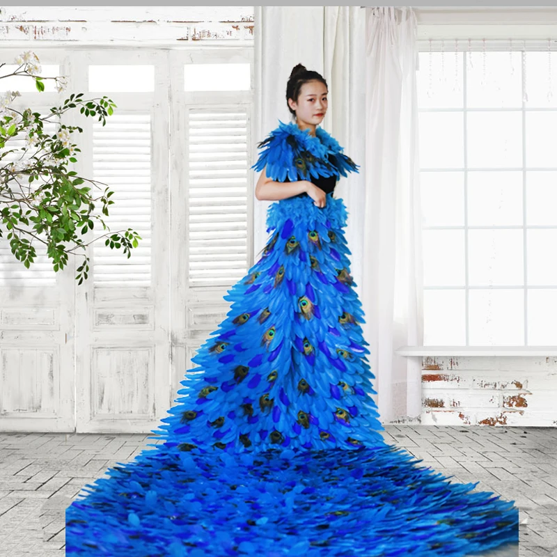 catwalk show large performance studio photography dress Big trailing peacock dance costume shoulderwear prop