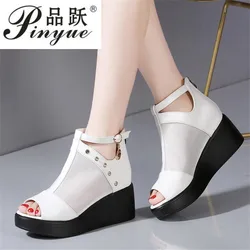 size 33-43 summer women's sandals mesh stitching rhinestone Korean version of the wild super slope with fish mouth casual shoes