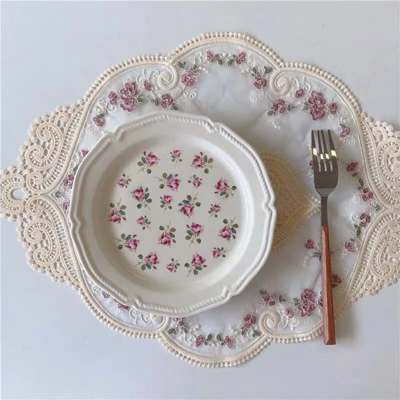 Retro Embroidery White Pink Rose Lace Placemat Costers Tablecloth Dinning Table Decoration Dust Cover Drink Costers Accessories