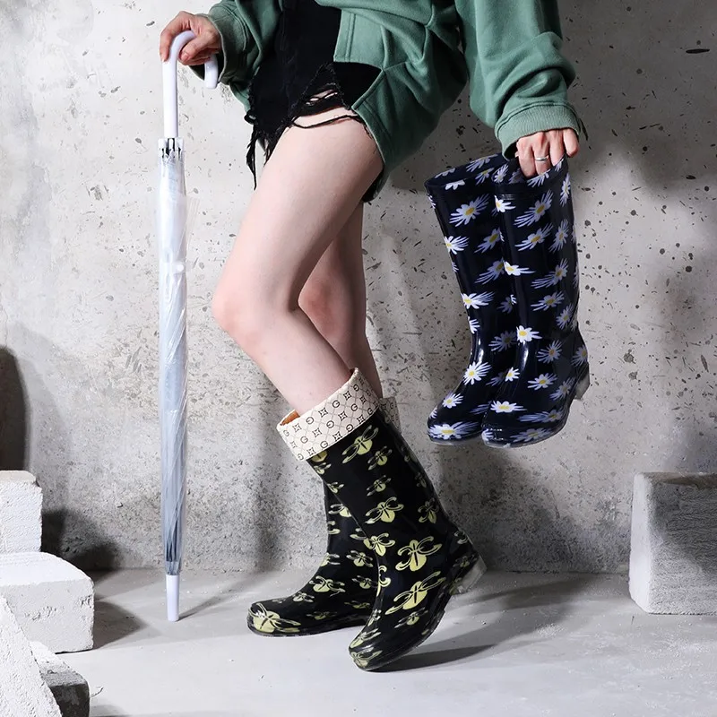 Golden Flowe Pvc Water Shoes High Women Tall Rain Boots Thick Heel 2021 Casual Shoes Female Waterproof Rain Boots for Rain