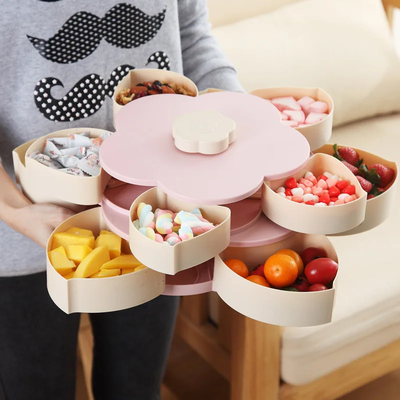 Funny Double Deck Rotary Storage Box Flower Design Wedding Snack Candy Box Jewelry Organizer Cosmetic Dry Fruit Storage Bin