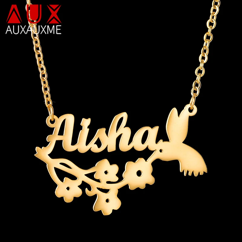 

Auxauxme Custom Name Honey Hummingbird Necklace for Women Stainless Steel Hard-working Small Bird Nameplate Choker Jewelry