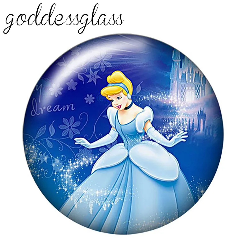 Princesses Elsa Belle Snow white 10pcs Round photo glass cabochon 18mm snap buttons for 18mm snap bracelets jewelry wholesale