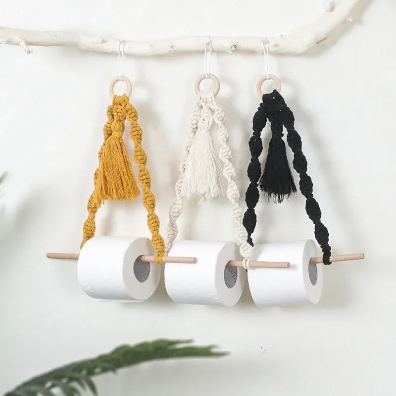 Wooden Toilet Paper Holder Macrame Wall Hanging Tapestry Boho Room Decor Wall Mount for Kitchen Bathroom Paper Towel Dispenser