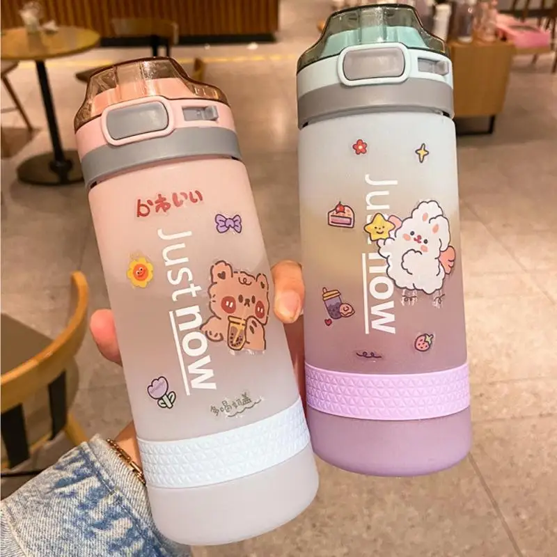 

600ml Cute Water Bottle With Straw Without BPA Portable Outdoor Sports Drinking Water Plastic Bottle Environmental Protection