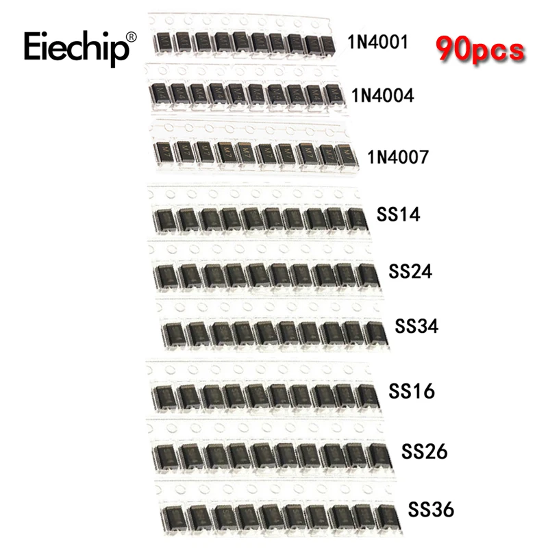 90pcs schottky diode SMA 1N4001 1N4004 1N4007 SS14 SS24 SS34 SS16 SS26 SS36 SMD circuit board IC assort kit