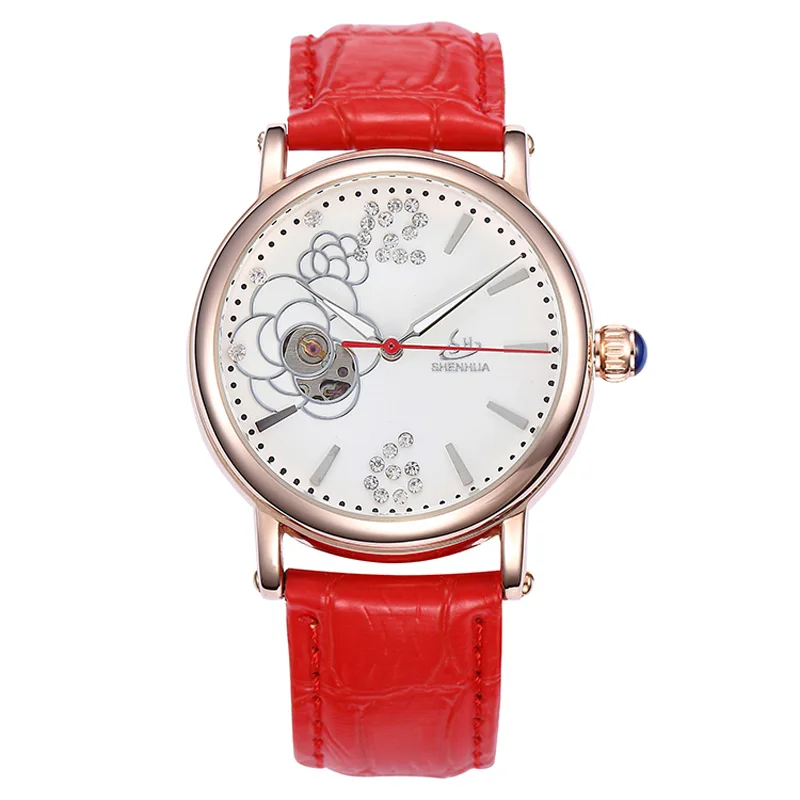 SHENHUA Fashion Design Flower Watch Women Mechanical Watches Leather Band Automatic Mechanical Wristwatches Ladies reloj mujer