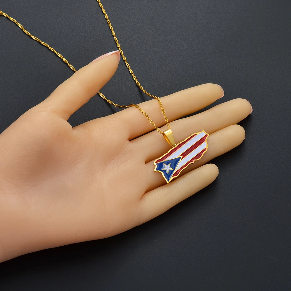 Anniyo Puerto Rico Map and Colored Flag Pendant Necklaces Gold Color PR Puerto Ricans Jewelry #136721