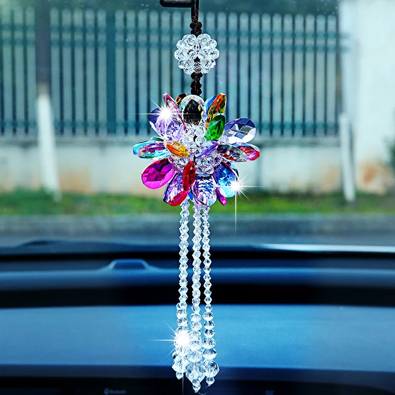 Beautiful Styling Crystal Car Hanging Ornaments Rhinestone Flower Tassels Pendant Rear View Mirror Car Decoration Accessories