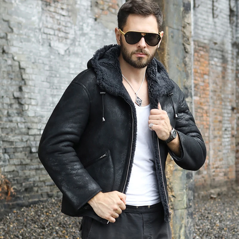 New Mens Sheepskin Shearling Jacket Black Leather Jacket Short Fur Coat Hooded Mens Winter Coats