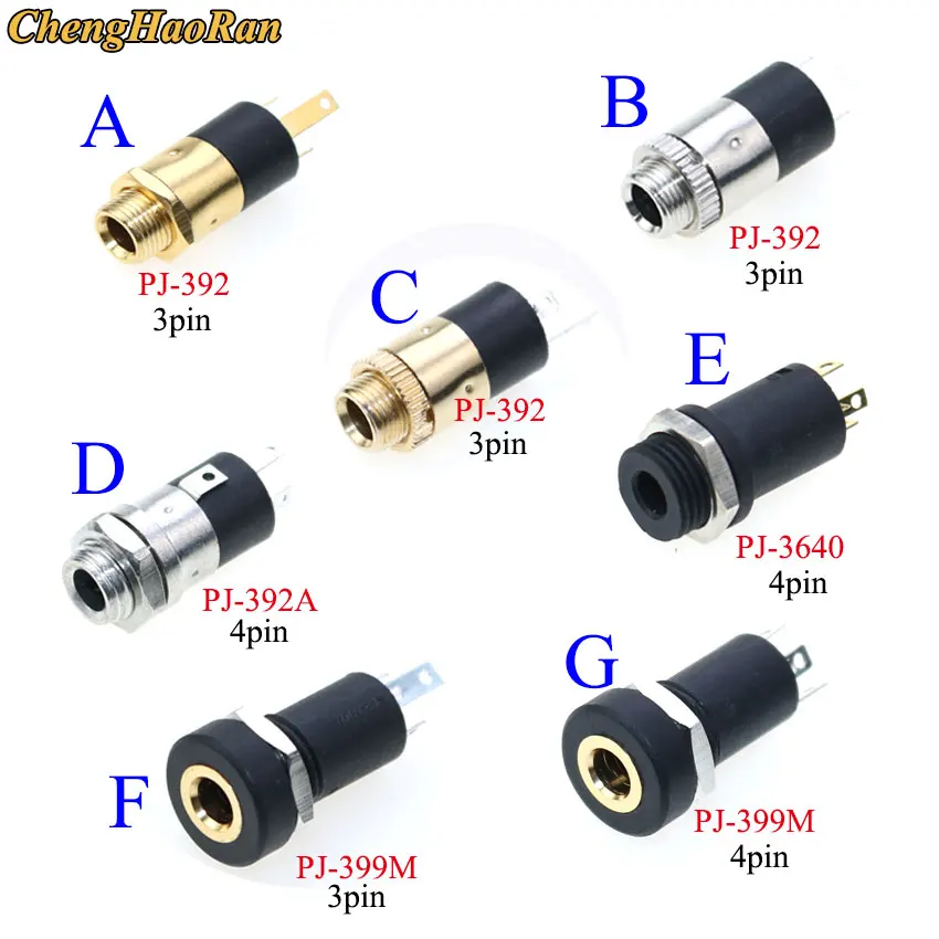 PJ Series 3.5mm Stereo Female Socket with Screw 3.5 Audio Headphone Jack 3P Vertical Double Channel Connector 392 399 3640