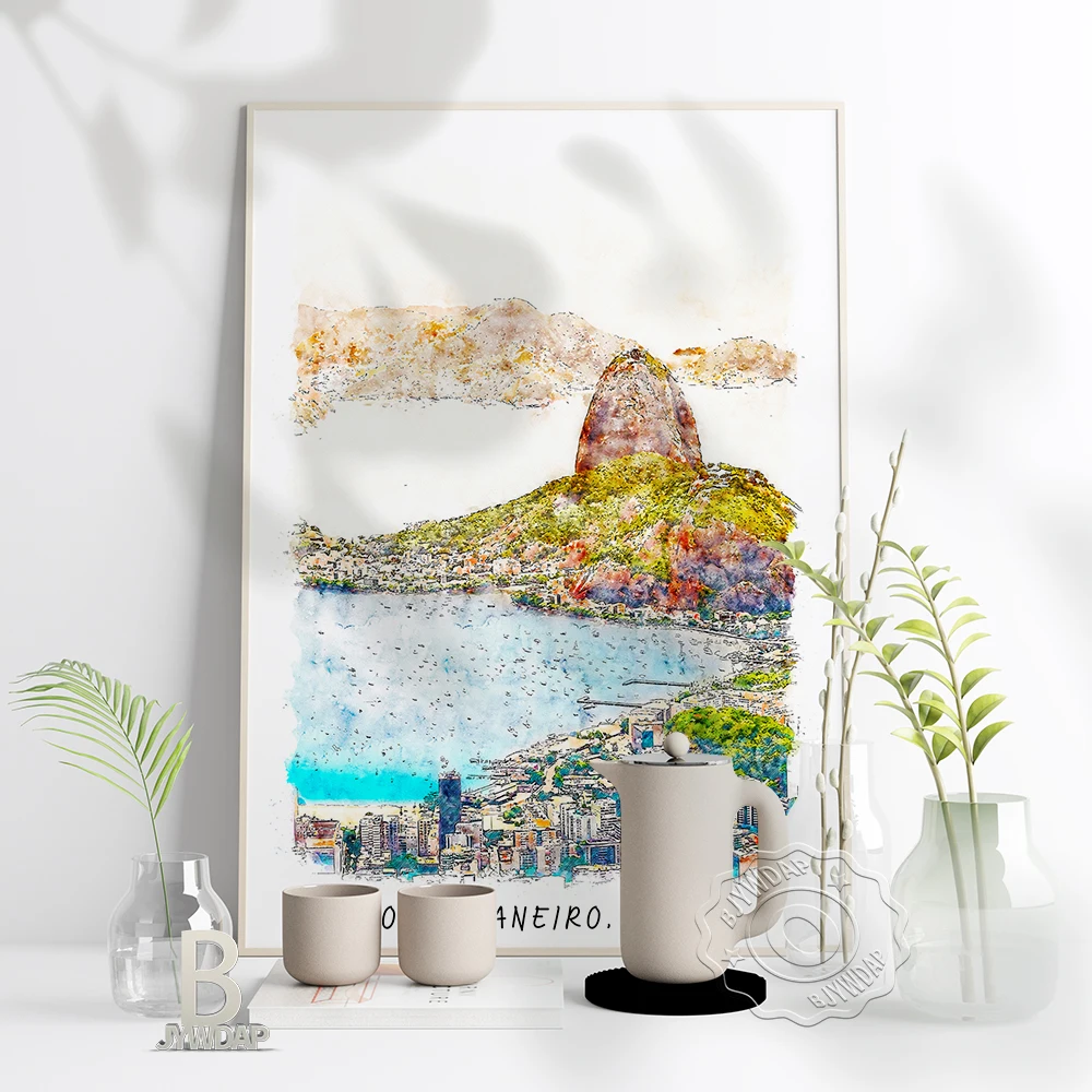 

Watercolor City Brazil Rio De Janeiro Poster, Brazil Scenery Art Print, Rio De Janeiro World Travel Wall Stickers Home Art Decor