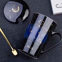 1pcs Ceramic Mugs 12 Constellations Creative Mugs With Spoon Lid Gold Starry Sky Porcelain Zodiac Milk Coffee Cup Drinkware